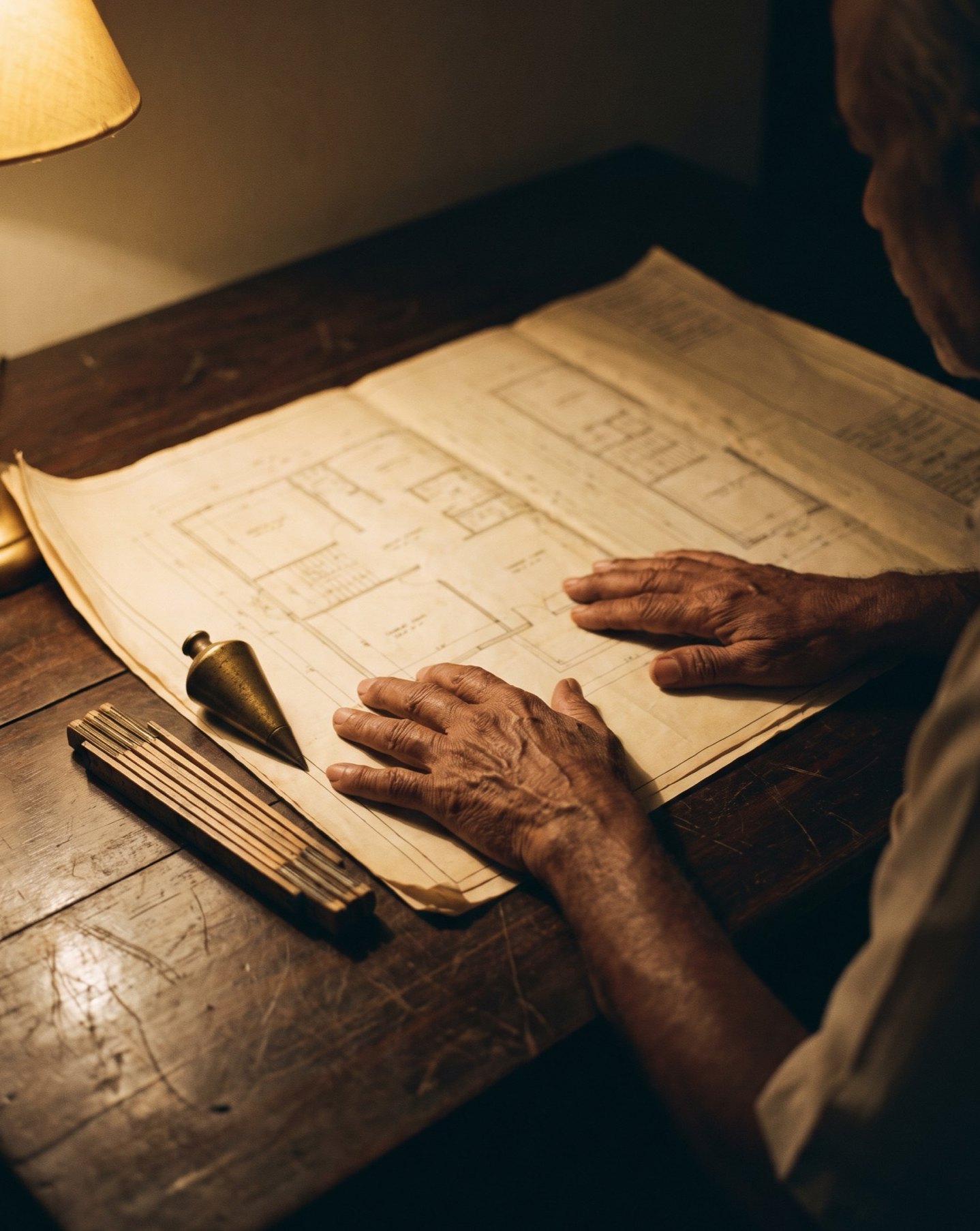 Hands resting on an old floor plan